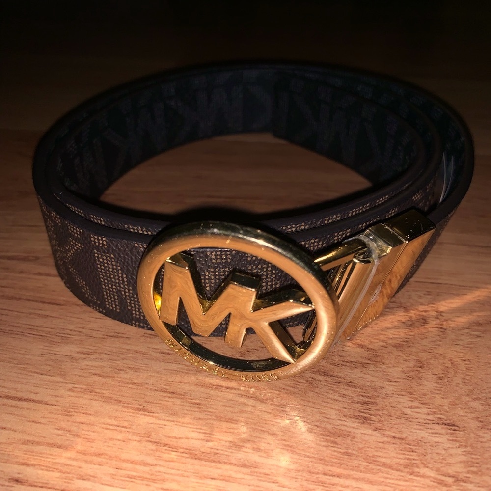 Michael Kors Brown/Gold Monogram logo MK twist reversible belt